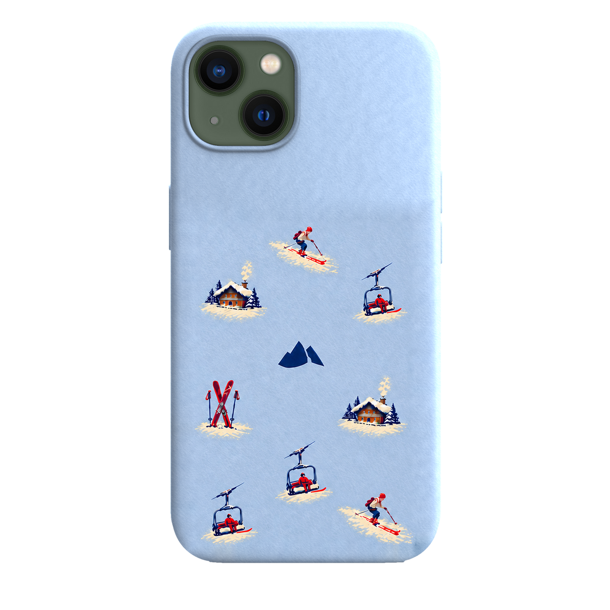 MONTIÉS Atelier Case — Alpine Club Glacier — iPhone 13, Apple Blue. Conceptvisualisatie; fysieke MONTIÉS-hoesgeometrie nog niet bevestigd.
