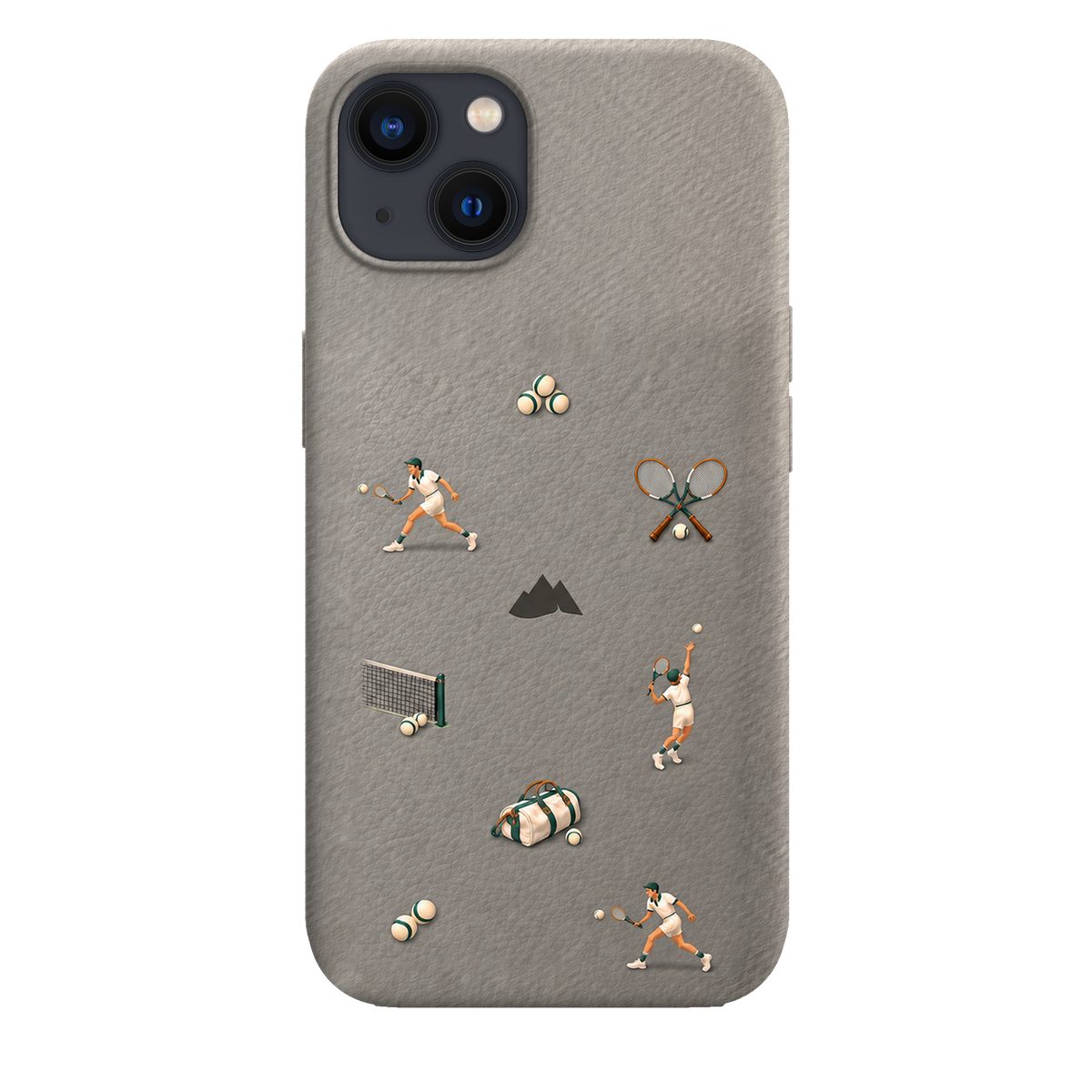 MONTIÉS Atelier Case — Court Club Silver — iPhone 13, Apple Midnight. Conceptvisualisatie; fysieke MONTIÉS-hoesgeometrie nog niet bevestigd.