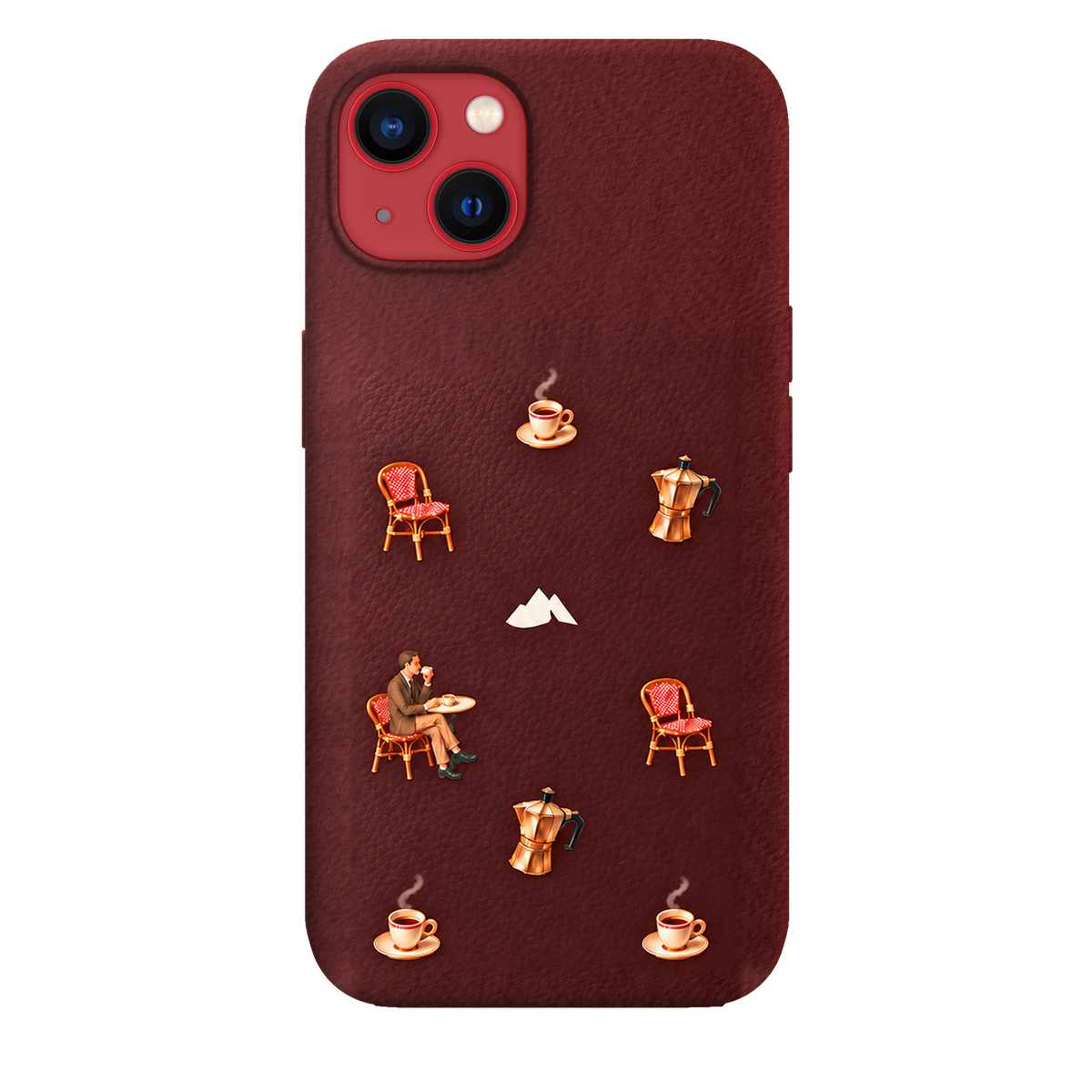 MONTIÉS Atelier Case — Grand Café Burgundy — iPhone 13, Apple (PRODUCT)RED. Conceptvisualisatie; fysieke MONTIÉS-hoesgeometrie nog niet bevestigd.