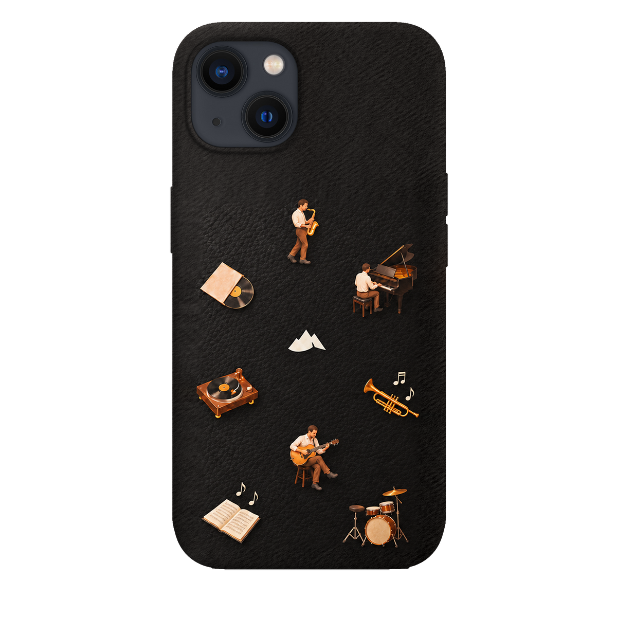 MONTIÉS Atelier Case — Listening Room Charcoal — iPhone 13, Apple Midnight. Conceptvisualisatie; fysieke MONTIÉS-hoesgeometrie nog niet bevestigd.