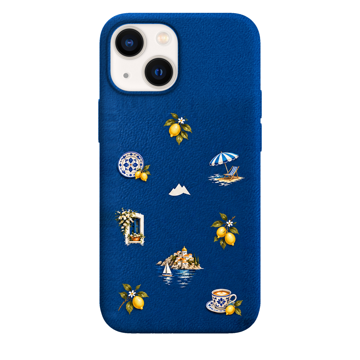 MONTIÉS Atelier Case — Amalfi Blue — iPhone 13 mini. Exacte Apple-model/kleuridentiteit nog niet sluitend bevestigd. Conceptvisualisatie; fysieke MONTIÉS-hoesgeometrie nog niet bevestigd.