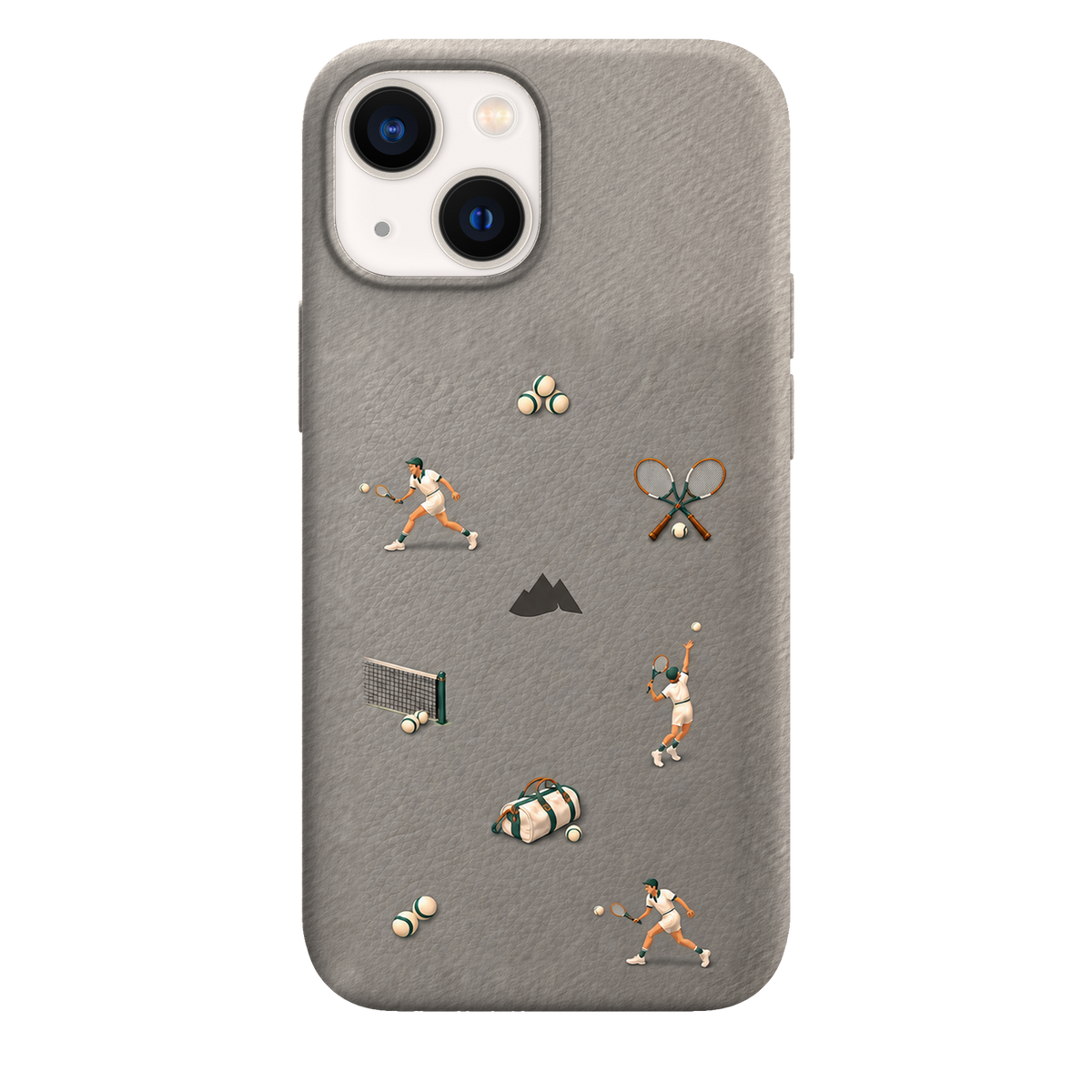 MONTIÉS Atelier Case — Court Club Silver — iPhone 13 mini. Exacte Apple-model/kleuridentiteit nog niet sluitend bevestigd. Conceptvisualisatie; fysieke MONTIÉS-hoesgeometrie nog niet bevestigd.