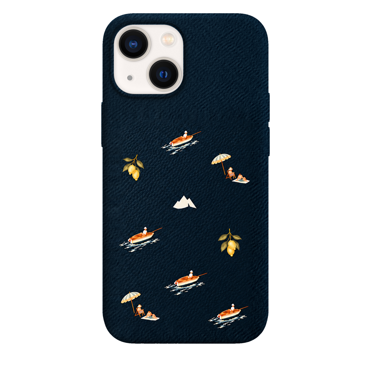 MONTIÉS Atelier Case — Riviera Deep Blue — iPhone 13 mini. Exacte Apple-model/kleuridentiteit nog niet sluitend bevestigd. Conceptvisualisatie; fysieke MONTIÉS-hoesgeometrie nog niet bevestigd.