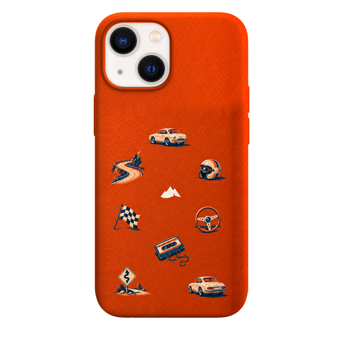 MONTIÉS Atelier Case — Sunday Drive Cosmic Orange — iPhone 13 mini. Exacte Apple-model/kleuridentiteit nog niet sluitend bevestigd. Conceptvisualisatie; fysieke MONTIÉS-hoesgeometrie nog niet bevestigd.