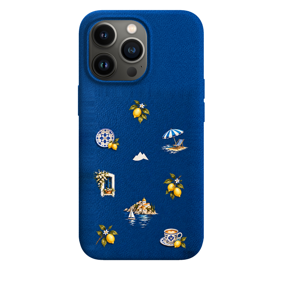 MONTIÉS Atelier Case — Amalfi Blue — iPhone 13 Pro. Exacte Apple-model/kleuridentiteit nog niet sluitend bevestigd. Conceptvisualisatie; fysieke MONTIÉS-hoesgeometrie nog niet bevestigd.