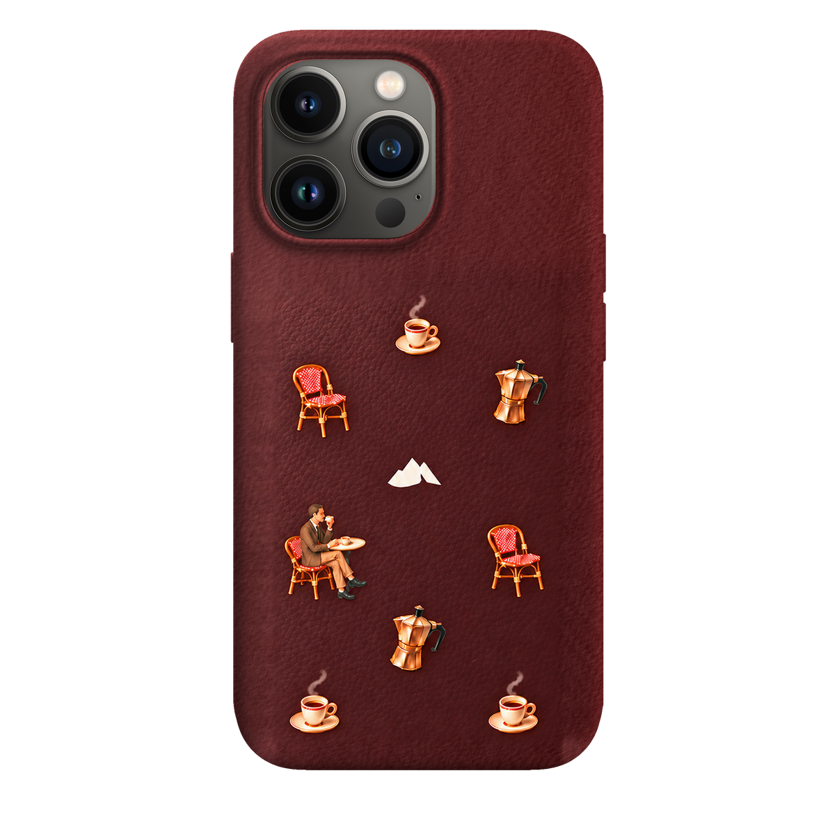 MONTIÉS Atelier Case — Grand Café Burgundy — iPhone 13 Pro. Exacte Apple-model/kleuridentiteit nog niet sluitend bevestigd. Conceptvisualisatie; fysieke MONTIÉS-hoesgeometrie nog niet bevestigd.