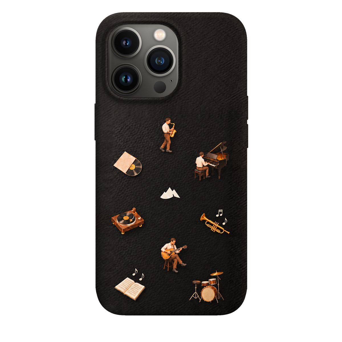 MONTIÉS Atelier Case — Listening Room Charcoal — iPhone 13 Pro. Exacte Apple-model/kleuridentiteit nog niet sluitend bevestigd. Conceptvisualisatie; fysieke MONTIÉS-hoesgeometrie nog niet bevestigd.