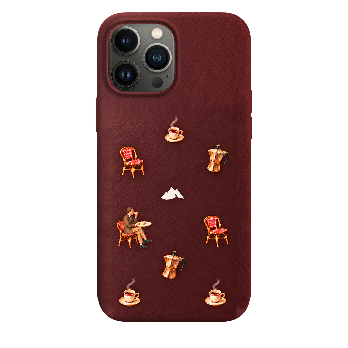 MONTIÉS Atelier Case — Grand Café Burgundy — iPhone 13 Pro Max. Exacte Apple-model/kleuridentiteit nog niet sluitend bevestigd. Conceptvisualisatie; fysieke MONTIÉS-hoesgeometrie nog niet bevestigd.