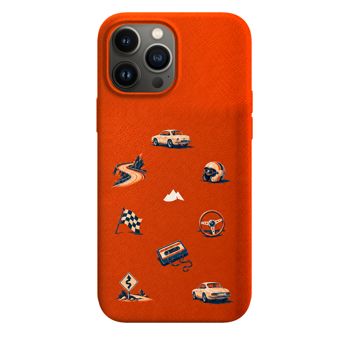 MONTIÉS Atelier Case — Sunday Drive Cosmic Orange — iPhone 13 Pro Max. Exacte Apple-model/kleuridentiteit nog niet sluitend bevestigd. Conceptvisualisatie; fysieke MONTIÉS-hoesgeometrie nog niet bevestigd.