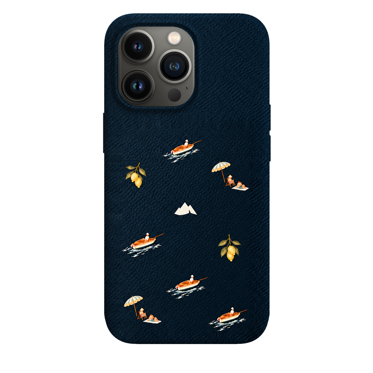 MONTIÉS Atelier Case — Riviera Deep Blue — iPhone 13 Pro. Exacte Apple-model/kleuridentiteit nog niet sluitend bevestigd. Conceptvisualisatie; fysieke MONTIÉS-hoesgeometrie nog niet bevestigd.