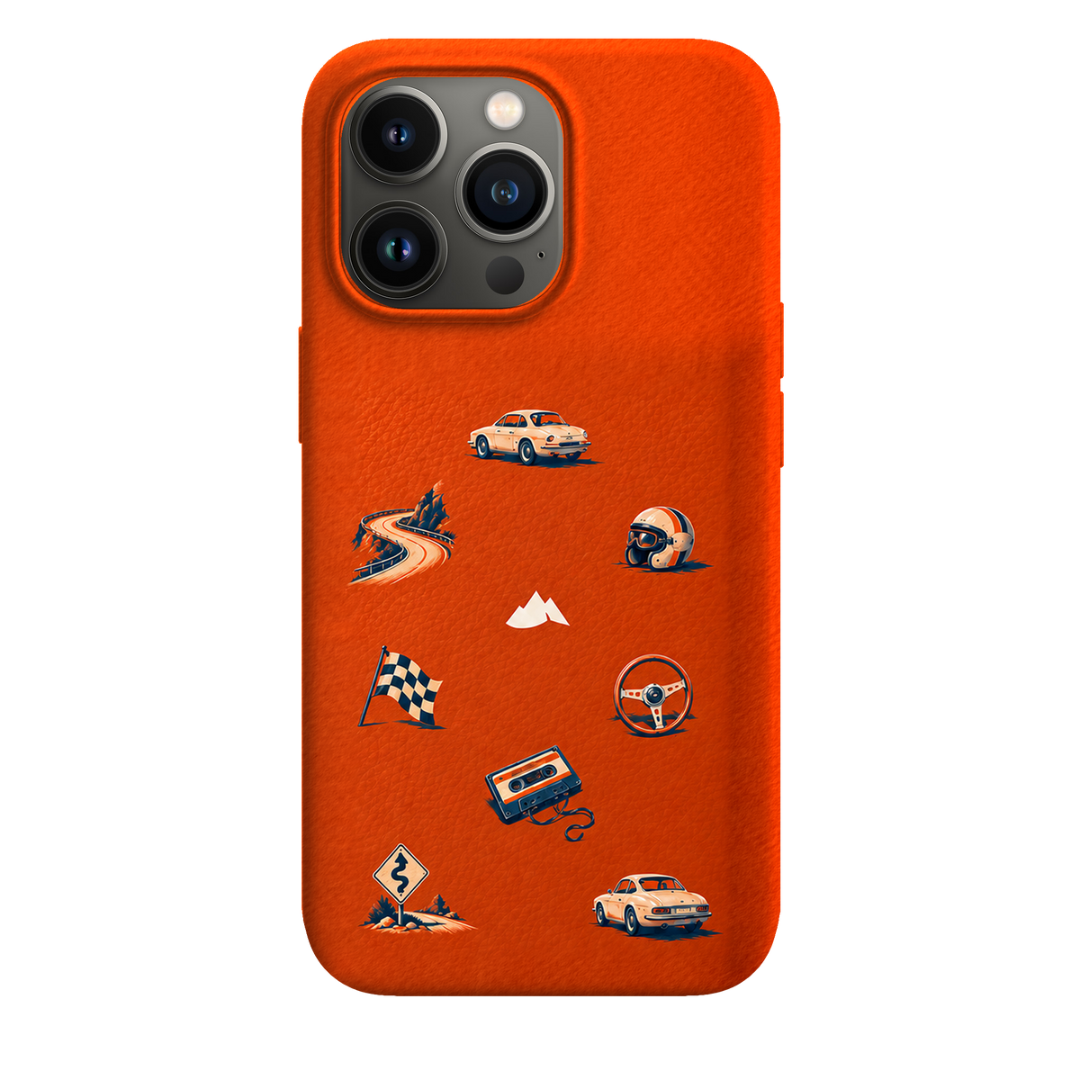 MONTIÉS Atelier Case — Sunday Drive Cosmic Orange — iPhone 13 Pro. Exacte Apple-model/kleuridentiteit nog niet sluitend bevestigd. Conceptvisualisatie; fysieke MONTIÉS-hoesgeometrie nog niet bevestigd.