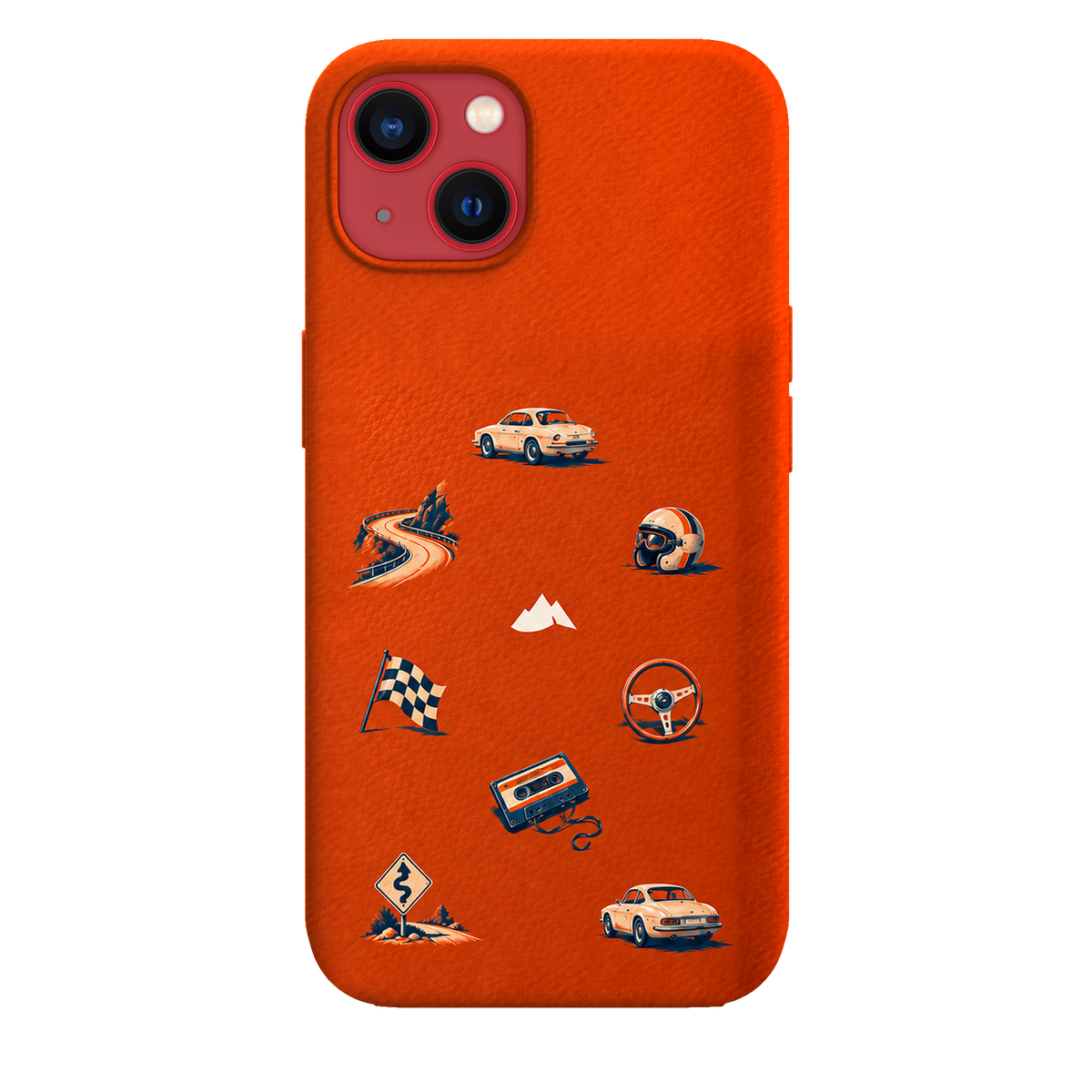 MONTIÉS Atelier Case — Sunday Drive Cosmic Orange — iPhone 13, Apple (PRODUCT)RED. Conceptvisualisatie; fysieke MONTIÉS-hoesgeometrie nog niet bevestigd.