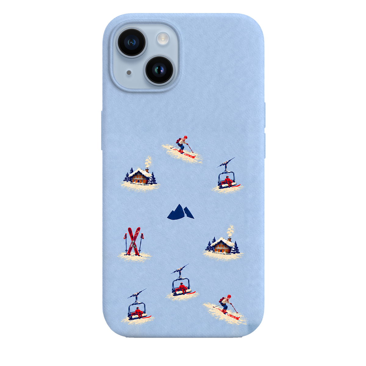 MONTIÉS Atelier Case — Alpine Club Glacier — iPhone 14, Apple Blue. Conceptvisualisatie; fysieke MONTIÉS-hoesgeometrie nog niet bevestigd.
