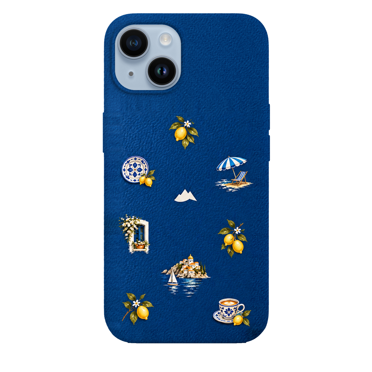 MONTIÉS Atelier Case — Amalfi Blue — iPhone 14, Apple Blue. Conceptvisualisatie; fysieke MONTIÉS-hoesgeometrie nog niet bevestigd.