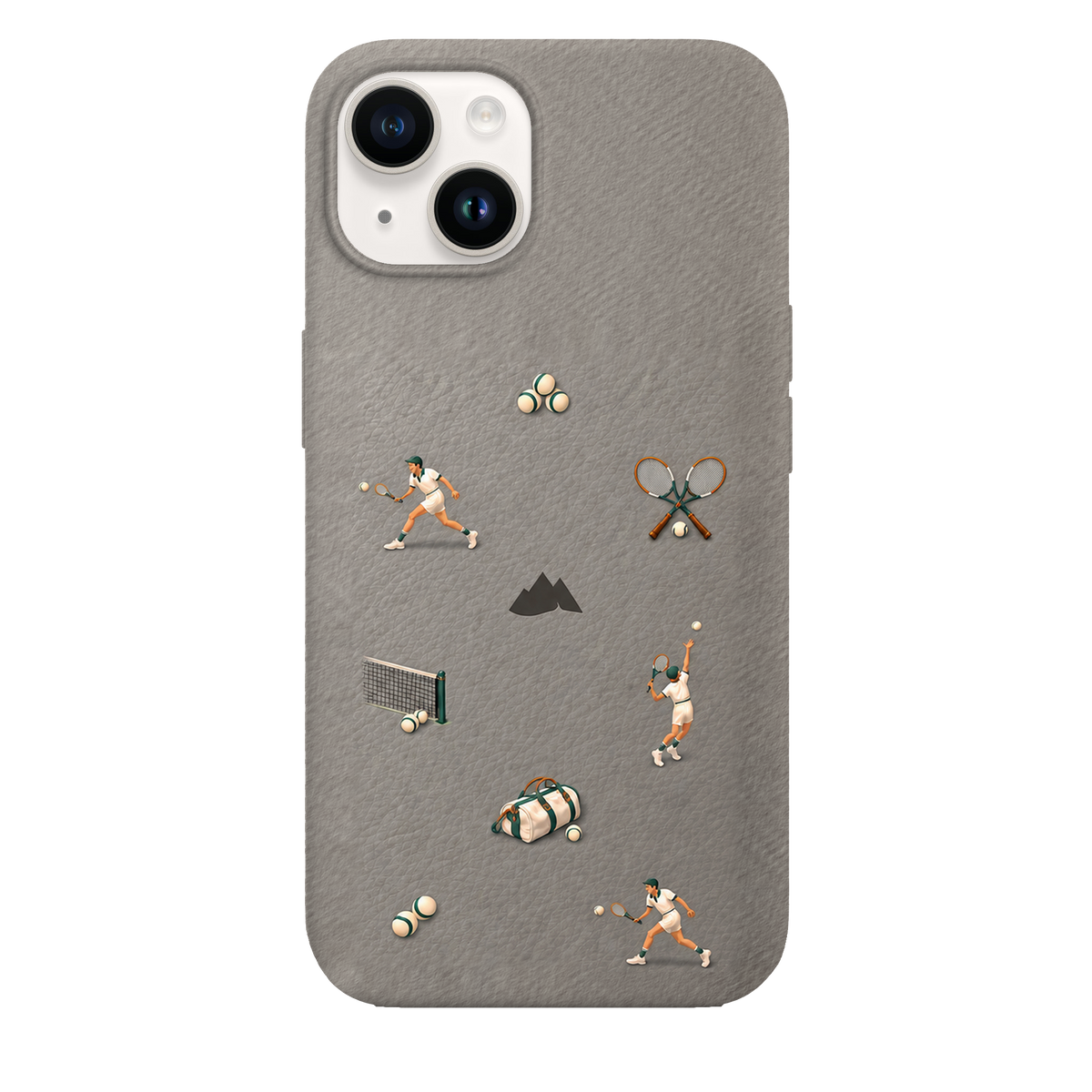 MONTIÉS Atelier Case — Court Club Silver — iPhone 14, Apple Starlight. Conceptvisualisatie; fysieke MONTIÉS-hoesgeometrie nog niet bevestigd.