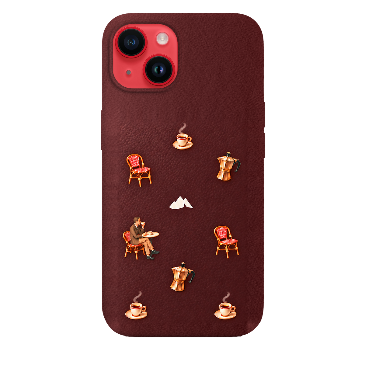 MONTIÉS Atelier Case — Grand Café Burgundy — iPhone 14, Apple (PRODUCT)RED. Conceptvisualisatie; fysieke MONTIÉS-hoesgeometrie nog niet bevestigd.
