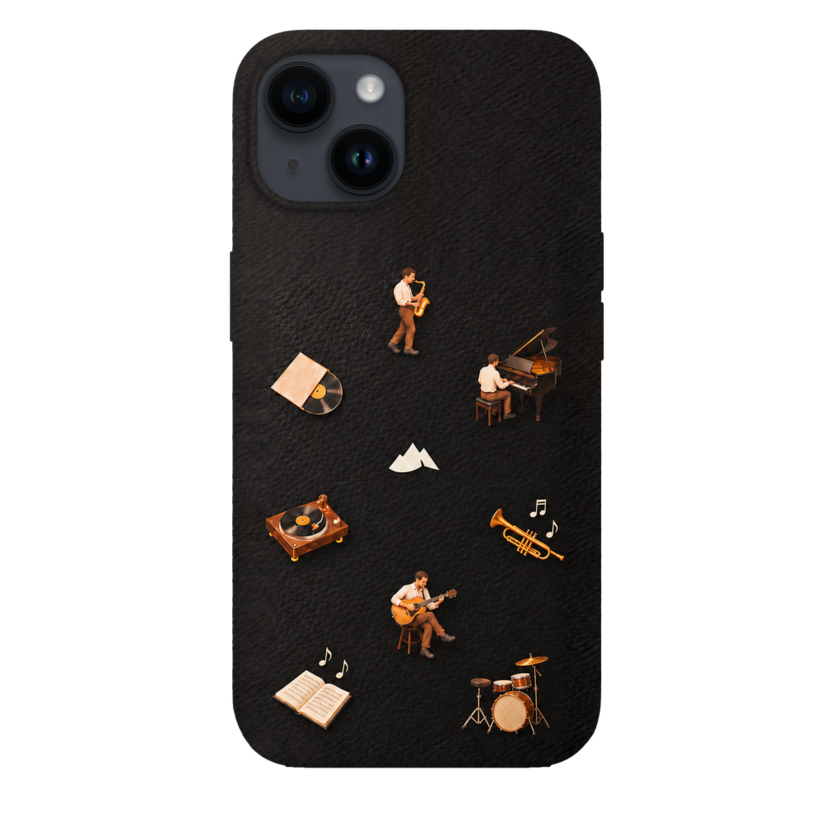 MONTIÉS Atelier Case — Listening Room Charcoal — iPhone 14, Apple Midnight. Conceptvisualisatie; fysieke MONTIÉS-hoesgeometrie nog niet bevestigd.