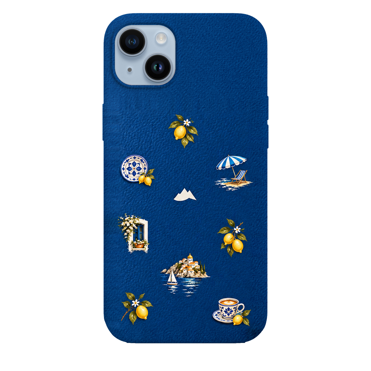 MONTIÉS Atelier Case — Amalfi Blue — iPhone 14 Plus, Apple Blue. Conceptvisualisatie; fysieke MONTIÉS-hoesgeometrie nog niet bevestigd.