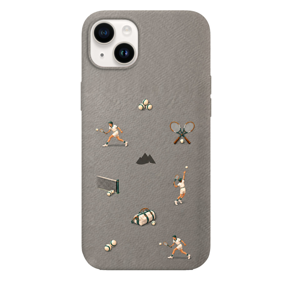 MONTIÉS Atelier Case — Court Club Silver — iPhone 14 Plus, Apple Starlight. Conceptvisualisatie; fysieke MONTIÉS-hoesgeometrie nog niet bevestigd.