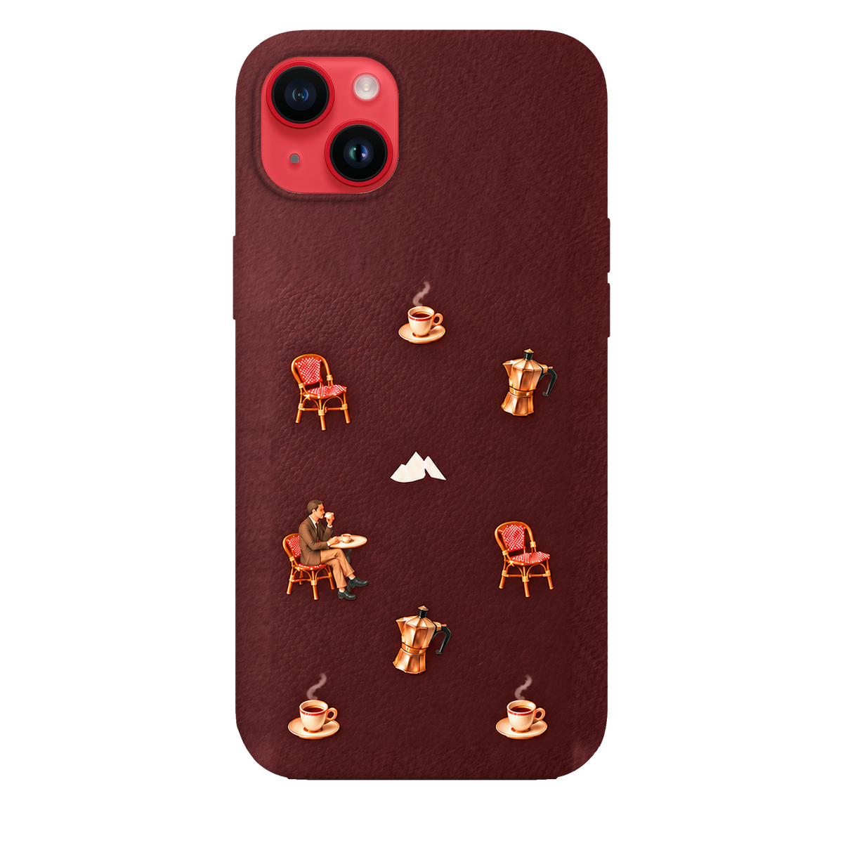 MONTIÉS Atelier Case — Grand Café Burgundy — iPhone 14 Plus, Apple (PRODUCT)RED. Conceptvisualisatie; fysieke MONTIÉS-hoesgeometrie nog niet bevestigd.