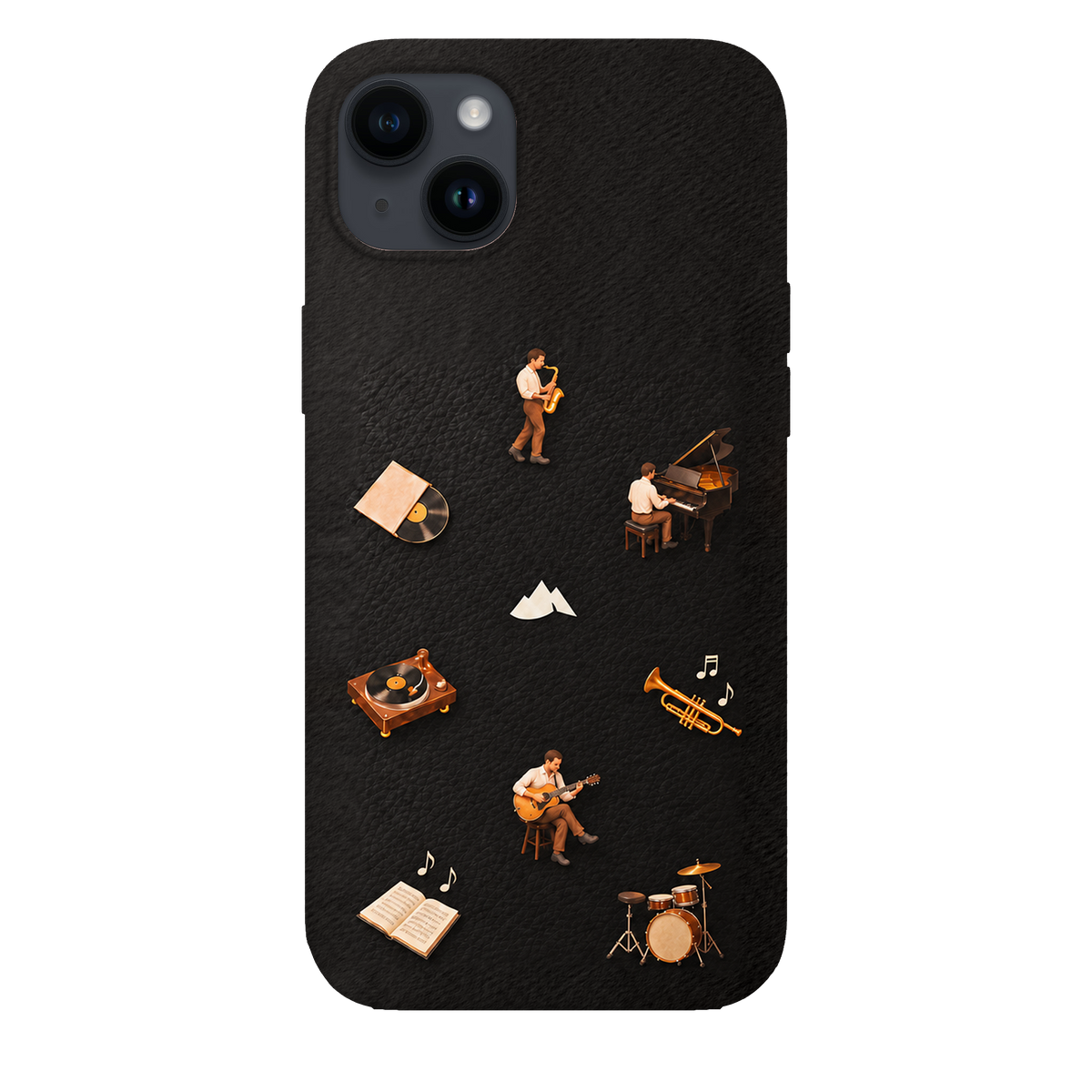 MONTIÉS Atelier Case — Listening Room Charcoal — iPhone 14 Plus, Apple Midnight. Conceptvisualisatie; fysieke MONTIÉS-hoesgeometrie nog niet bevestigd.