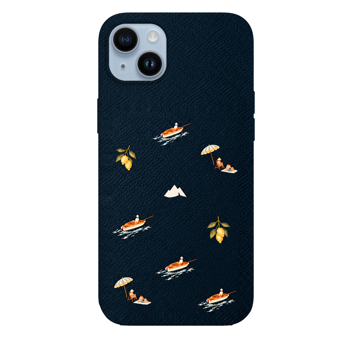 MONTIÉS Atelier Case — Riviera Deep Blue — iPhone 14 Plus, Apple Blue. Conceptvisualisatie; fysieke MONTIÉS-hoesgeometrie nog niet bevestigd.