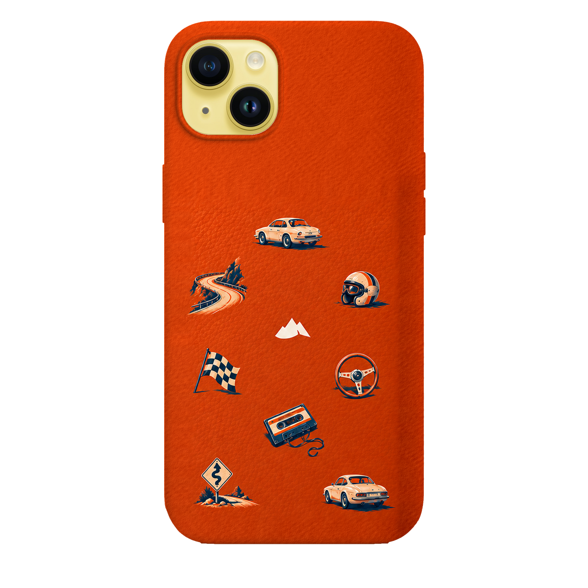 MONTIÉS Atelier Case — Sunday Drive Cosmic Orange — iPhone 14 Plus, Apple Yellow. Conceptvisualisatie; fysieke MONTIÉS-hoesgeometrie nog niet bevestigd.