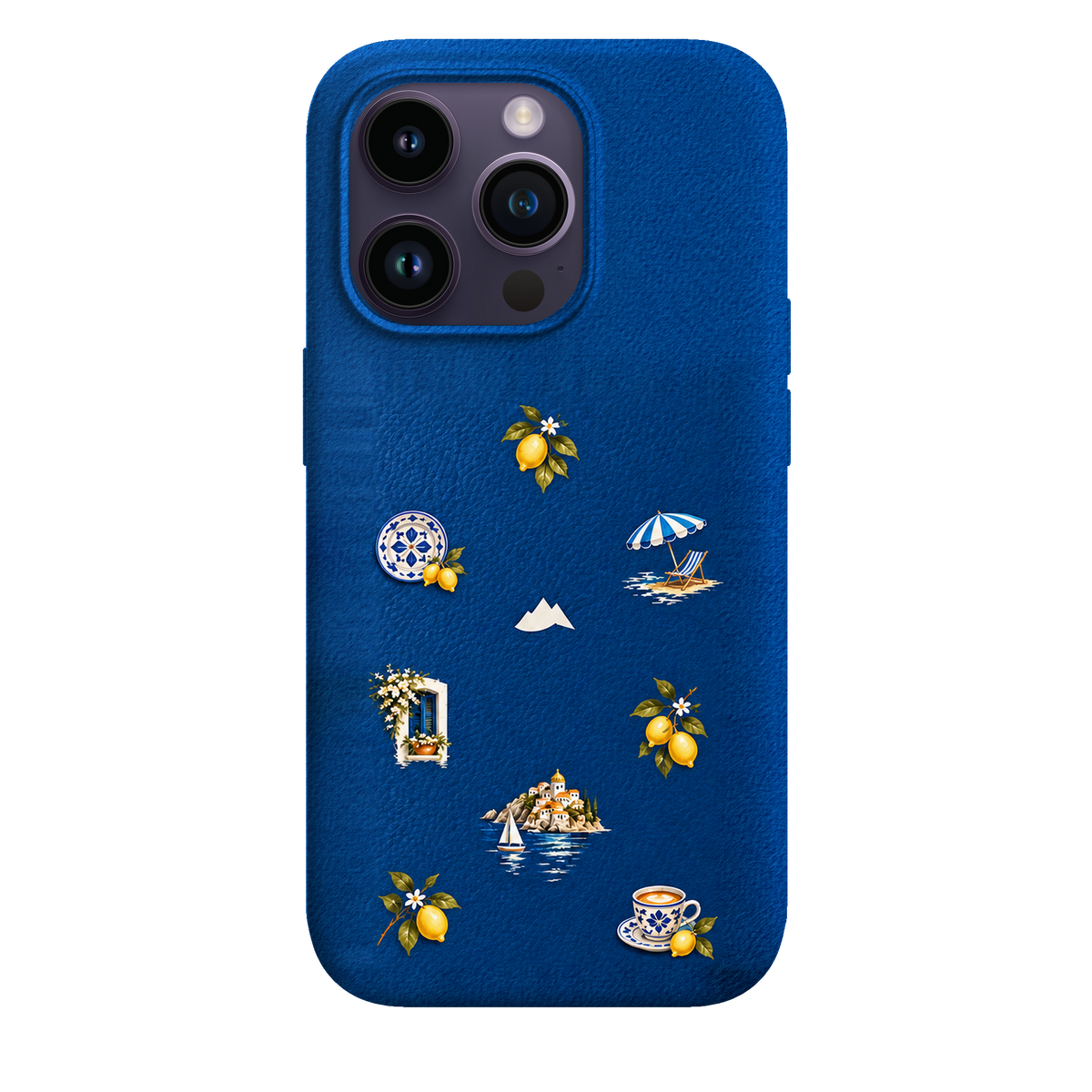MONTIÉS Atelier Case — Amalfi Blue — iPhone 14 Pro. Exacte Apple-model/kleuridentiteit nog niet sluitend bevestigd. Conceptvisualisatie; fysieke MONTIÉS-hoesgeometrie nog niet bevestigd.