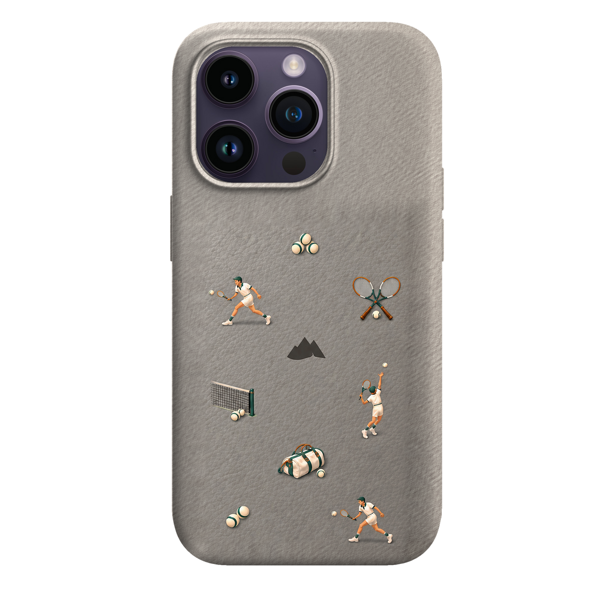 MONTIÉS Atelier Case — Court Club Silver — iPhone 14 Pro. Exacte Apple-model/kleuridentiteit nog niet sluitend bevestigd. Conceptvisualisatie; fysieke MONTIÉS-hoesgeometrie nog niet bevestigd.