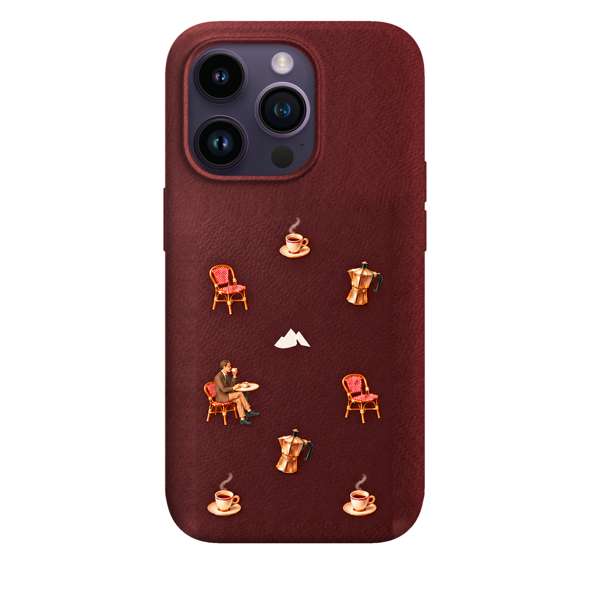 MONTIÉS Atelier Case — Grand Café Burgundy — iPhone 14 Pro. Exacte Apple-model/kleuridentiteit nog niet sluitend bevestigd. Conceptvisualisatie; fysieke MONTIÉS-hoesgeometrie nog niet bevestigd.