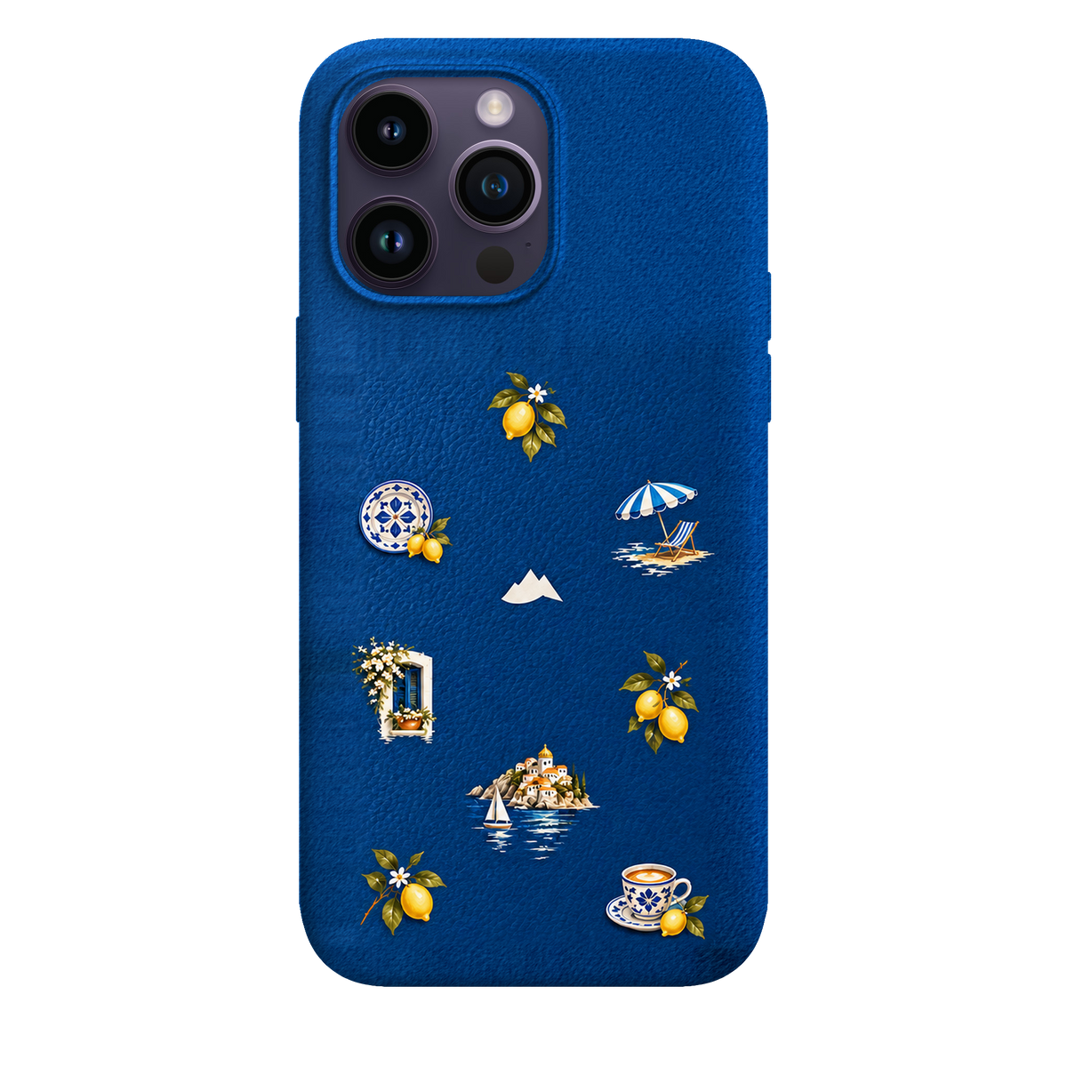 MONTIÉS Atelier Case — Amalfi Blue — iPhone 14 Pro Max. Exacte Apple-model/kleuridentiteit nog niet sluitend bevestigd. Conceptvisualisatie; fysieke MONTIÉS-hoesgeometrie nog niet bevestigd.