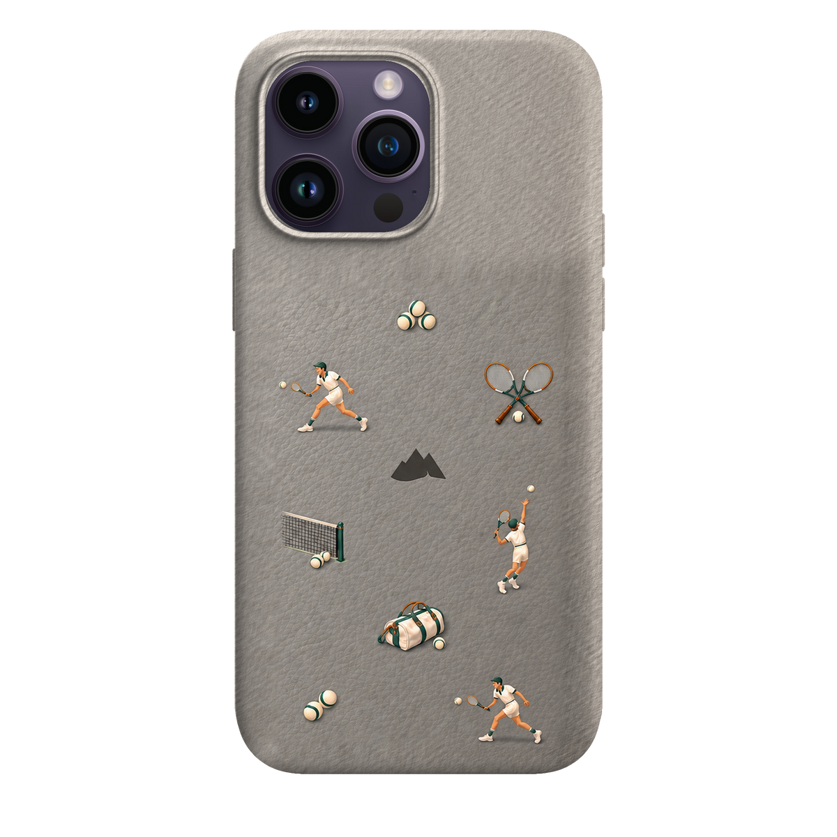 MONTIÉS Atelier Case — Court Club Silver — iPhone 14 Pro Max. Exacte Apple-model/kleuridentiteit nog niet sluitend bevestigd. Conceptvisualisatie; fysieke MONTIÉS-hoesgeometrie nog niet bevestigd.