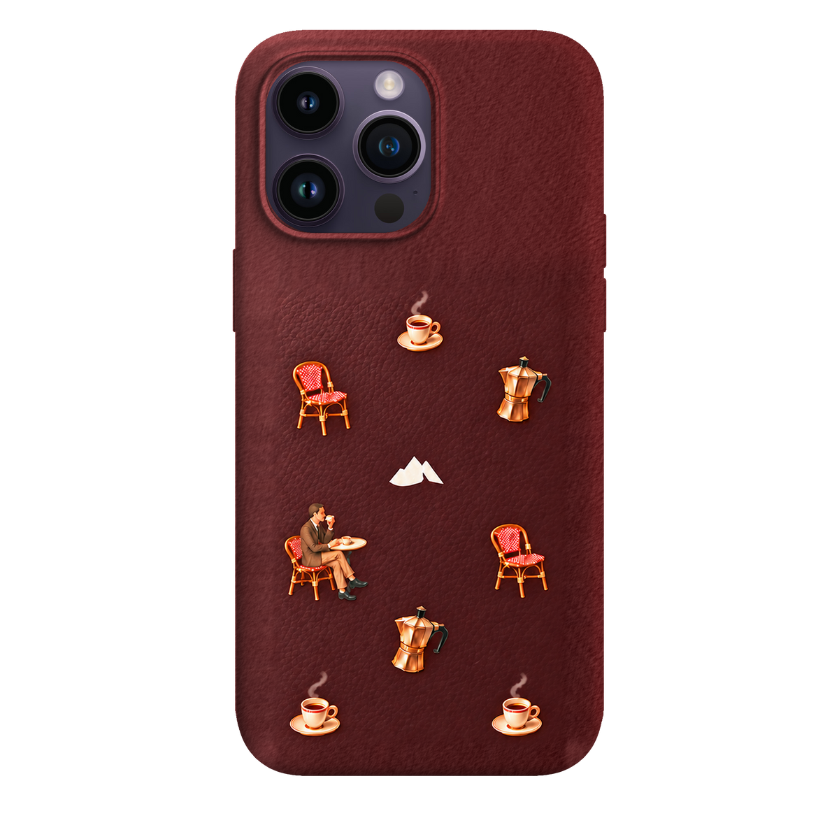 MONTIÉS Atelier Case — Grand Café Burgundy — iPhone 14 Pro Max. Exacte Apple-model/kleuridentiteit nog niet sluitend bevestigd. Conceptvisualisatie; fysieke MONTIÉS-hoesgeometrie nog niet bevestigd.