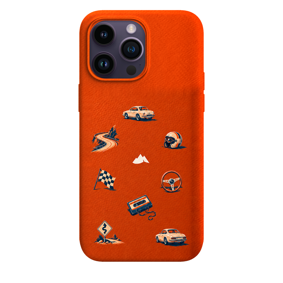 MONTIÉS Atelier Case — Sunday Drive Cosmic Orange — iPhone 14 Pro Max. Exacte Apple-model/kleuridentiteit nog niet sluitend bevestigd. Conceptvisualisatie; fysieke MONTIÉS-hoesgeometrie nog niet bevestigd.