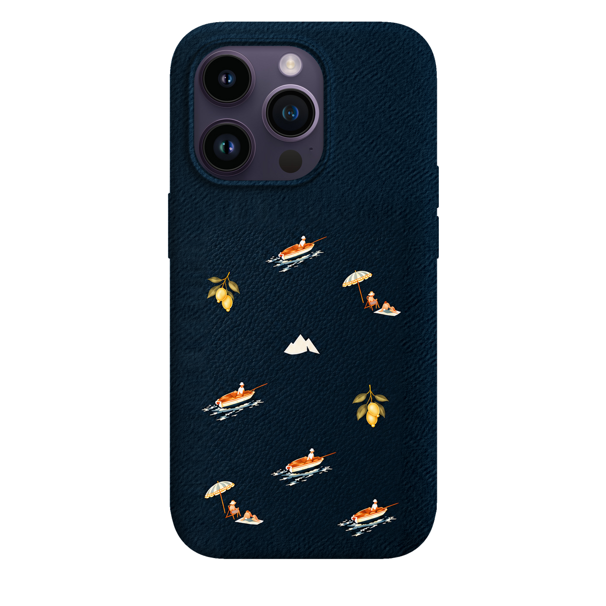 MONTIÉS Atelier Case — Riviera Deep Blue — iPhone 14 Pro. Exacte Apple-model/kleuridentiteit nog niet sluitend bevestigd. Conceptvisualisatie; fysieke MONTIÉS-hoesgeometrie nog niet bevestigd.