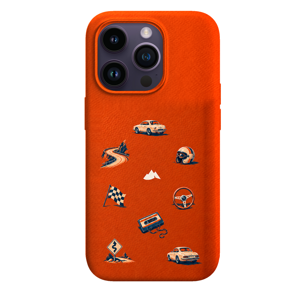 MONTIÉS Atelier Case — Sunday Drive Cosmic Orange — iPhone 14 Pro. Exacte Apple-model/kleuridentiteit nog niet sluitend bevestigd. Conceptvisualisatie; fysieke MONTIÉS-hoesgeometrie nog niet bevestigd.