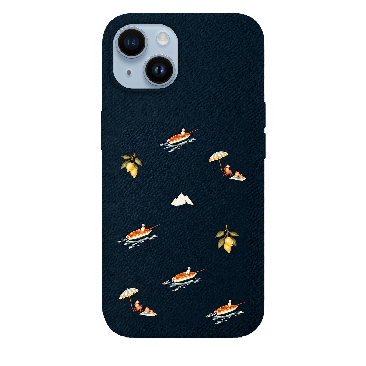 MONTIÉS Atelier Case — Riviera Deep Blue — iPhone 14, Apple Blue. Conceptvisualisatie; fysieke MONTIÉS-hoesgeometrie nog niet bevestigd.