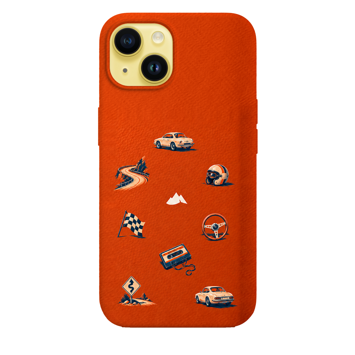 MONTIÉS Atelier Case — Sunday Drive Cosmic Orange — iPhone 14, Apple Yellow. Conceptvisualisatie; fysieke MONTIÉS-hoesgeometrie nog niet bevestigd.