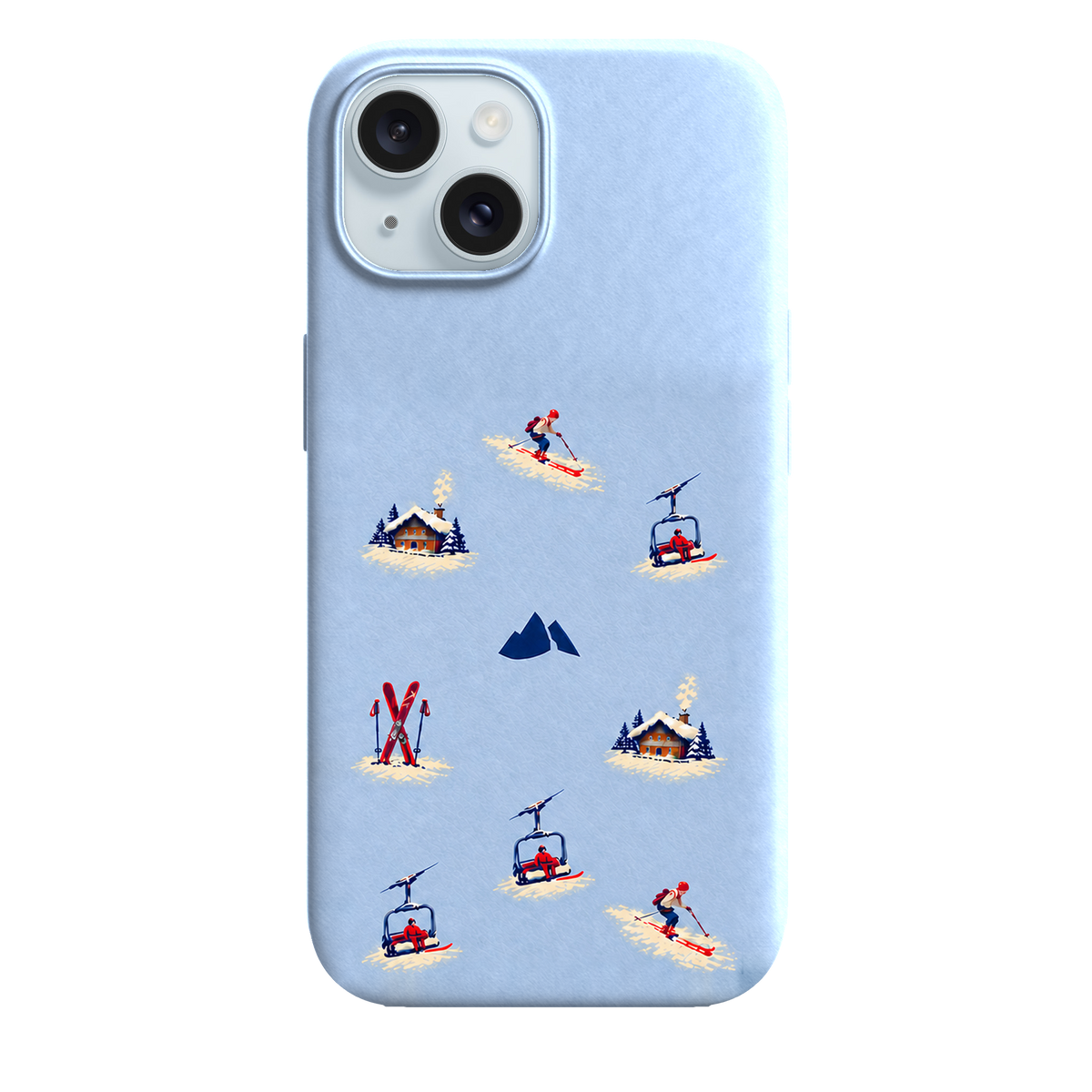MONTIÉS Atelier Case — Alpine Club Glacier — iPhone 15, Apple Blue. Conceptvisualisatie; fysieke MONTIÉS-hoesgeometrie nog niet bevestigd.