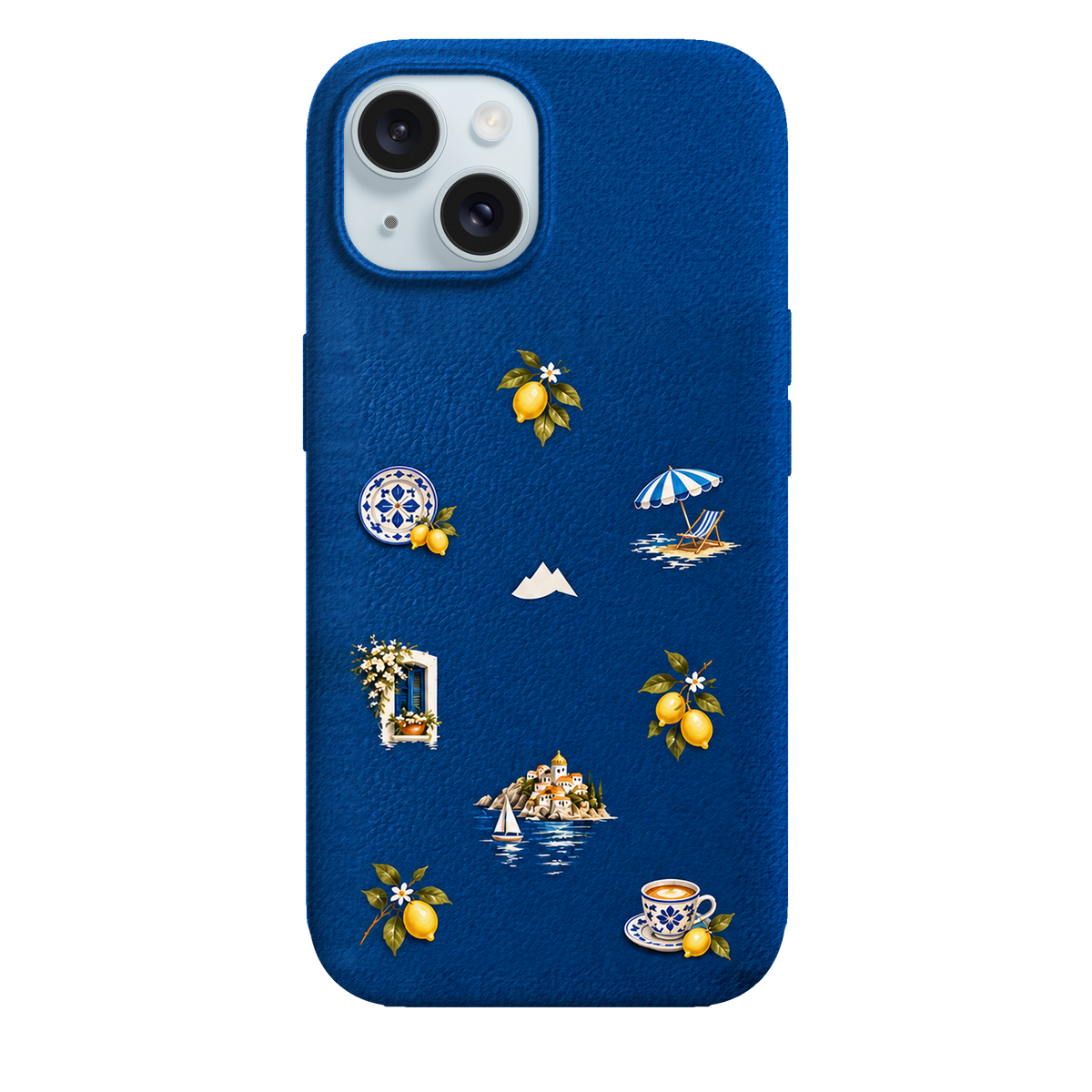 MONTIÉS Atelier Case — Amalfi Blue — iPhone 15, Apple Blue. Conceptvisualisatie; fysieke MONTIÉS-hoesgeometrie nog niet bevestigd.