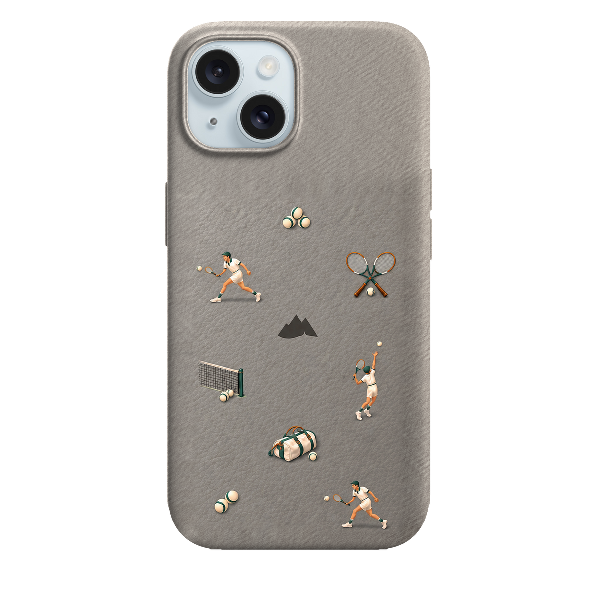 MONTIÉS Atelier Case — Court Club Silver — iPhone 15, Apple Blue. Conceptvisualisatie; fysieke MONTIÉS-hoesgeometrie nog niet bevestigd.