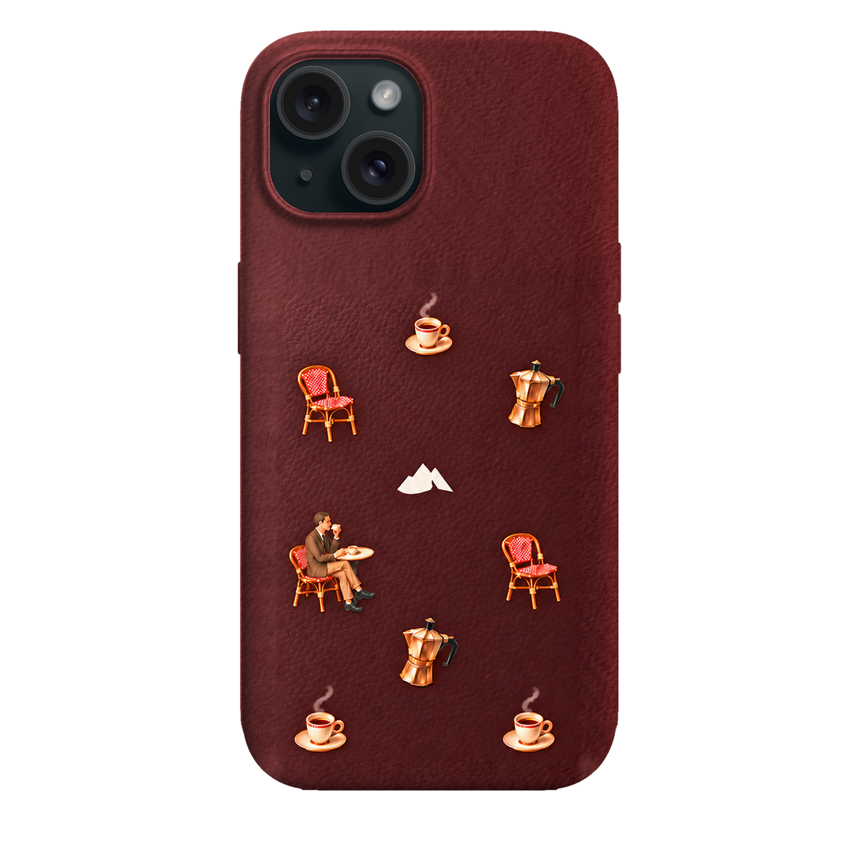 MONTIÉS Atelier Case — Grand Café Burgundy — iPhone 15, Apple Black. Conceptvisualisatie; fysieke MONTIÉS-hoesgeometrie nog niet bevestigd.