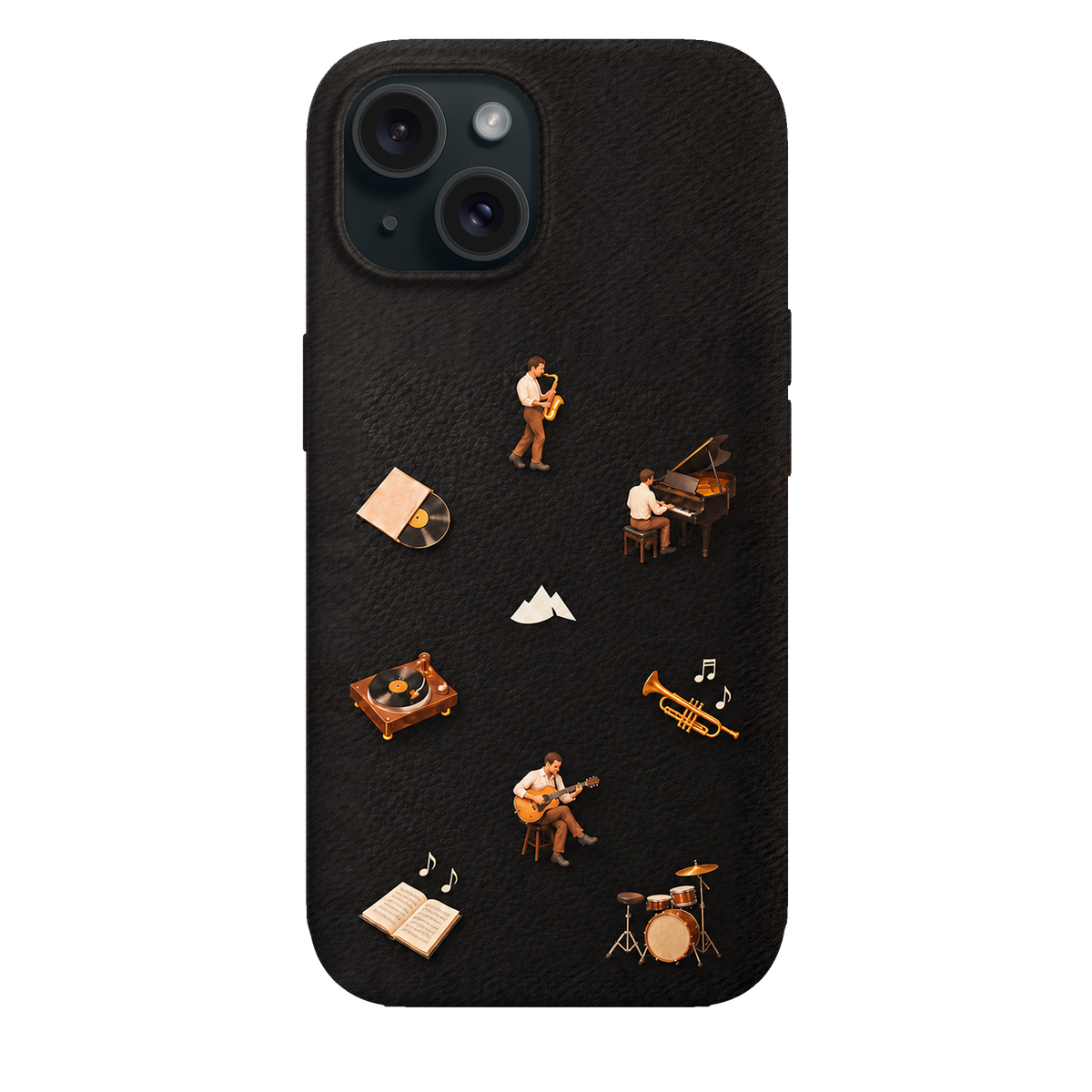MONTIÉS Atelier Case — Listening Room Charcoal — iPhone 15, Apple Black. Conceptvisualisatie; fysieke MONTIÉS-hoesgeometrie nog niet bevestigd.