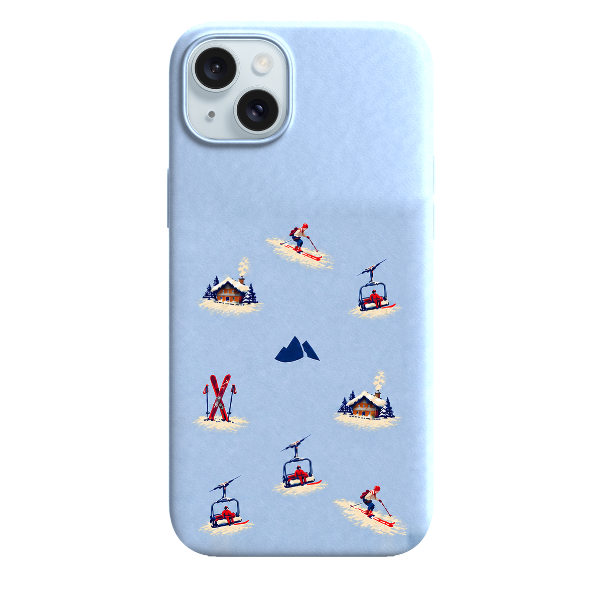 MONTIÉS Atelier Case — Alpine Club Glacier — iPhone 15 Plus, Apple Blue. Conceptvisualisatie; fysieke MONTIÉS-hoesgeometrie nog niet bevestigd.