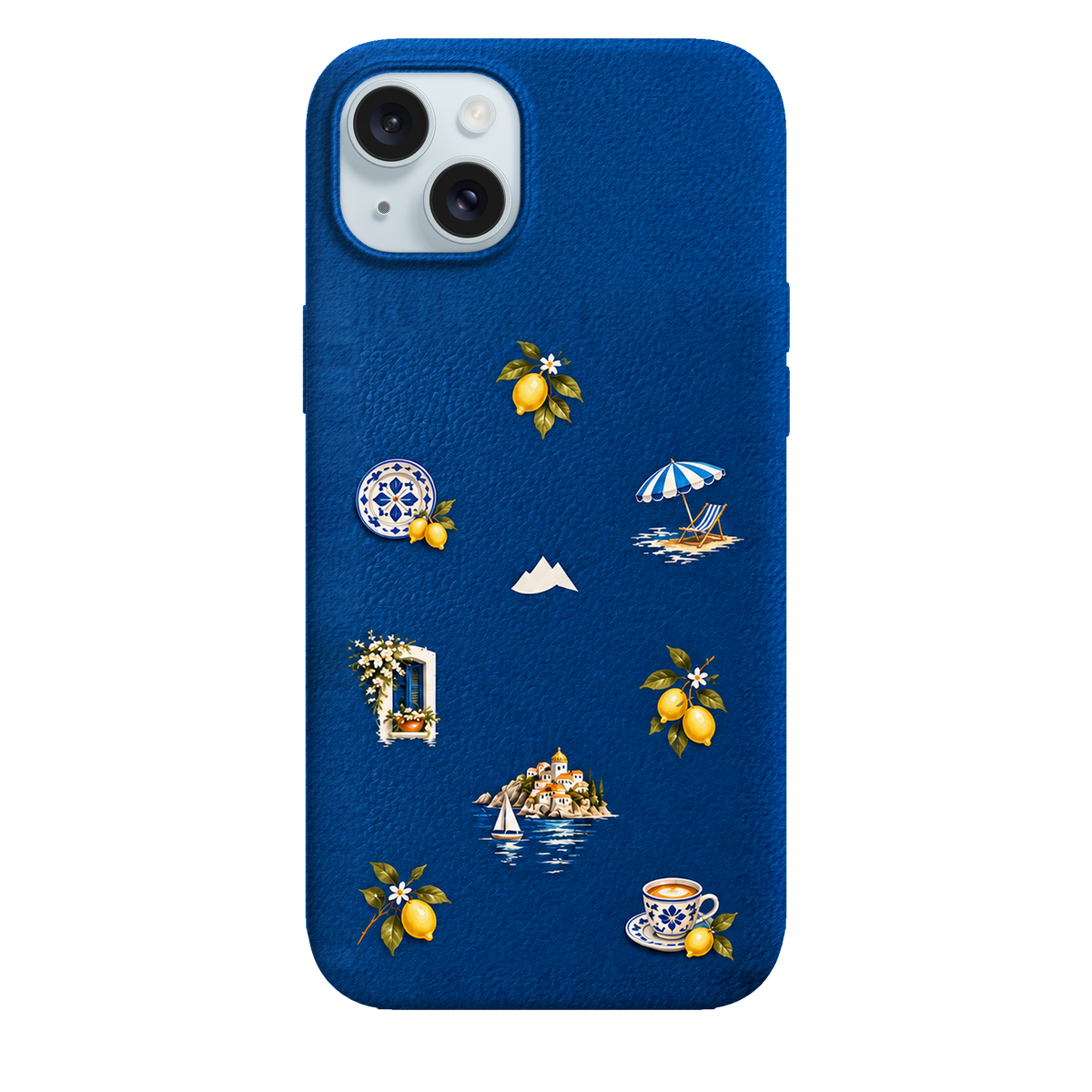 MONTIÉS Atelier Case — Amalfi Blue — iPhone 15 Plus, Apple Blue. Conceptvisualisatie; fysieke MONTIÉS-hoesgeometrie nog niet bevestigd.