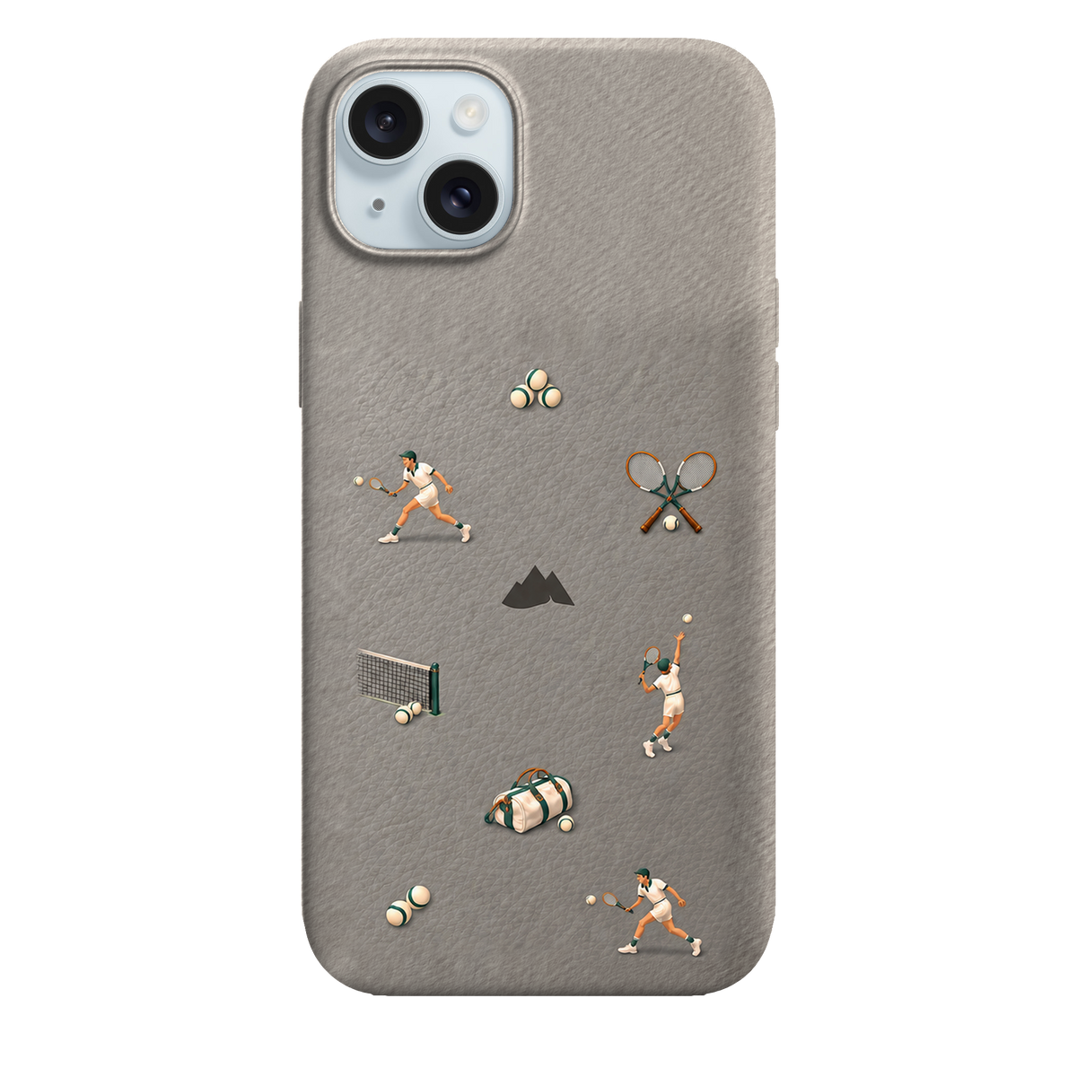 MONTIÉS Atelier Case — Court Club Silver — iPhone 15 Plus, Apple Blue. Conceptvisualisatie; fysieke MONTIÉS-hoesgeometrie nog niet bevestigd.