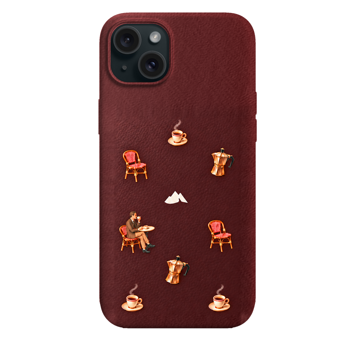 MONTIÉS Atelier Case — Grand Café Burgundy — iPhone 15 Plus, Apple Black. Conceptvisualisatie; fysieke MONTIÉS-hoesgeometrie nog niet bevestigd.
