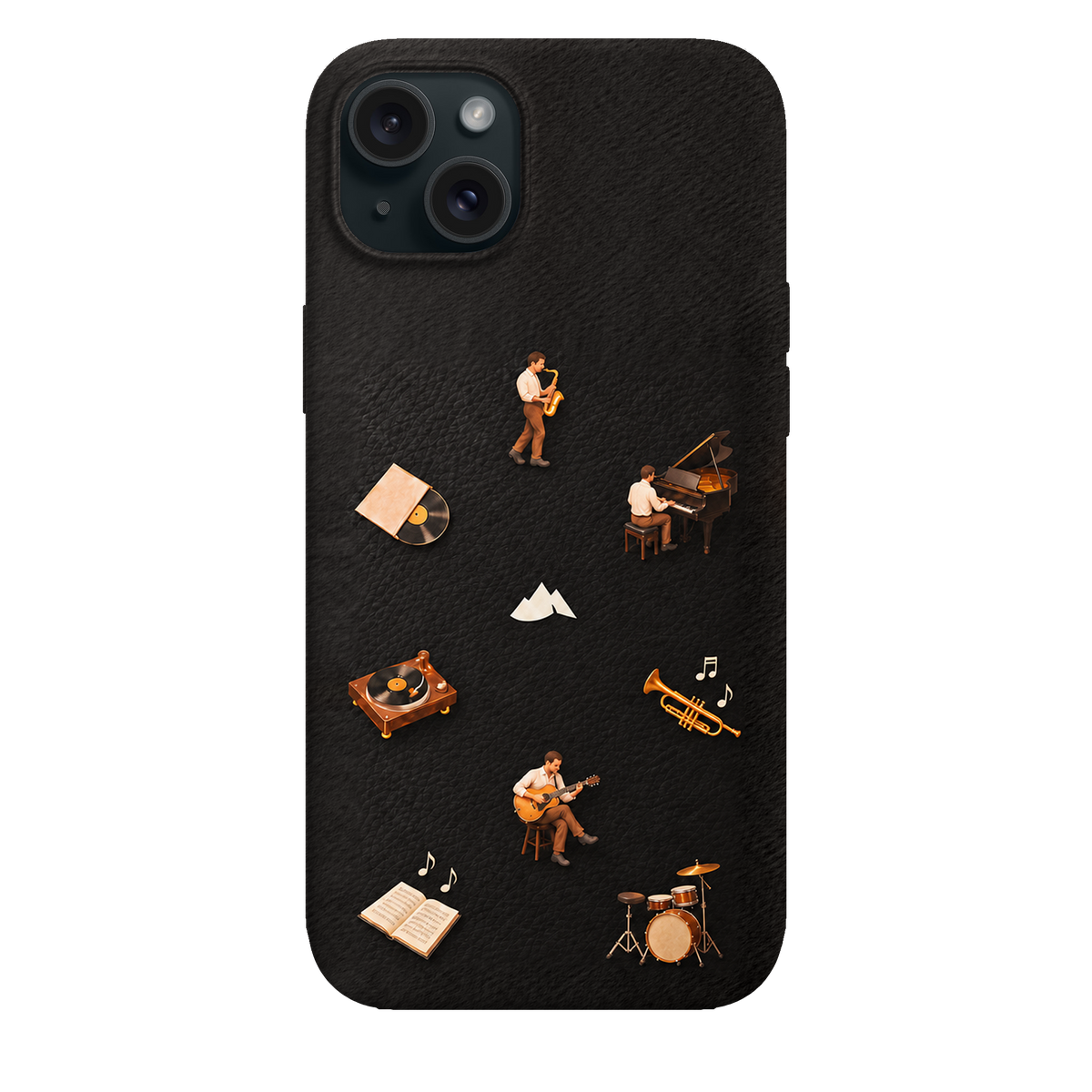 MONTIÉS Atelier Case — Listening Room Charcoal — iPhone 15 Plus, Apple Black. Conceptvisualisatie; fysieke MONTIÉS-hoesgeometrie nog niet bevestigd.