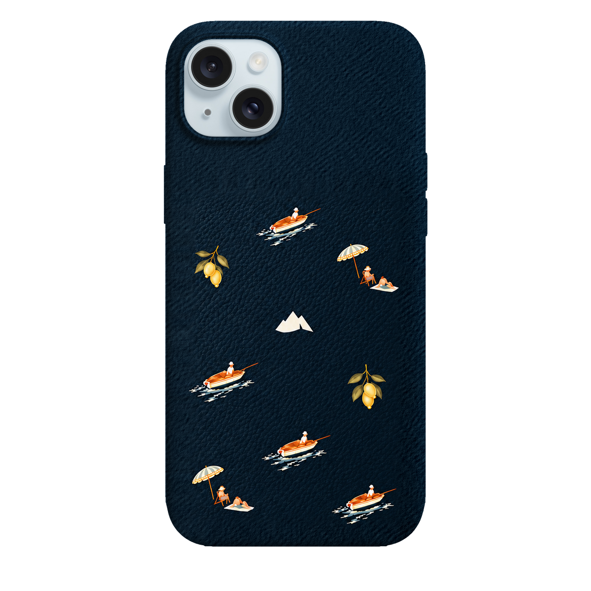 MONTIÉS Atelier Case — Riviera Deep Blue — iPhone 15 Plus, Apple Blue. Conceptvisualisatie; fysieke MONTIÉS-hoesgeometrie nog niet bevestigd.