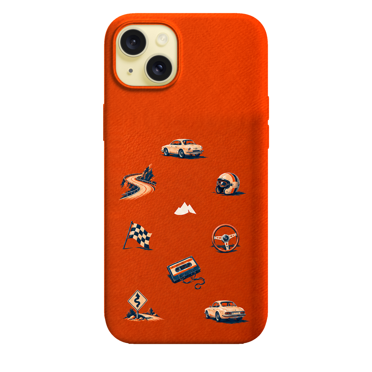 MONTIÉS Atelier Case — Sunday Drive Cosmic Orange — iPhone 15 Plus, Apple Yellow. Conceptvisualisatie; fysieke MONTIÉS-hoesgeometrie nog niet bevestigd.